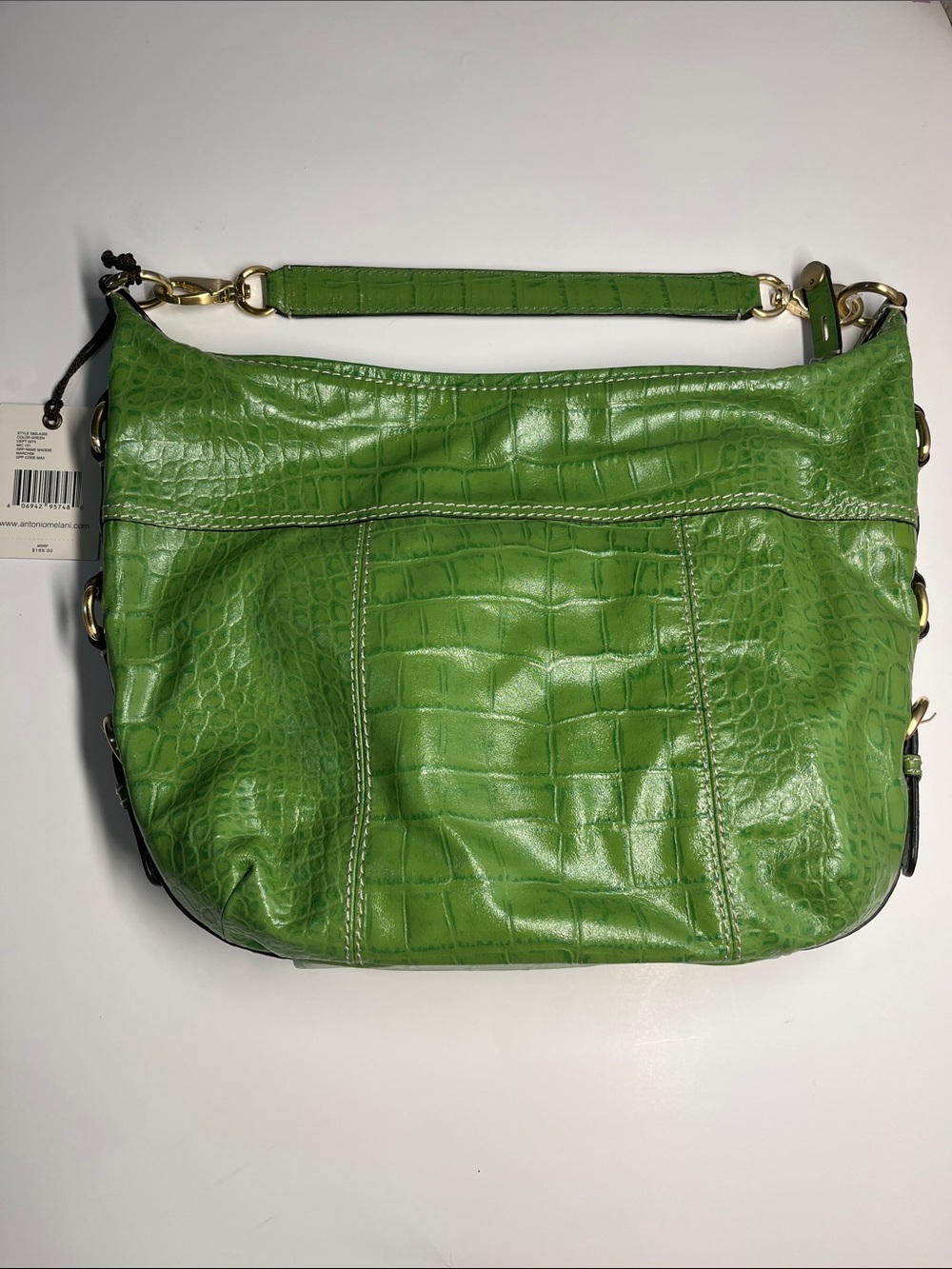 ANTONIO MELANI Green Croc-Embossed Shoulder Bag with Gold Hardware